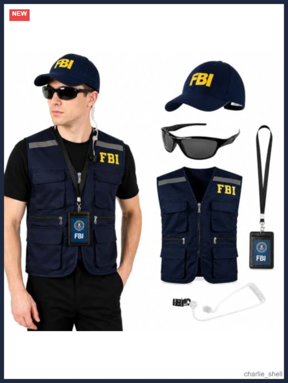 FBI Costume Agent Vest Hat Badge Sunglasses Earpiece Police Cosplay Accessories